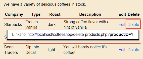 Screenshot with delete link highlighted