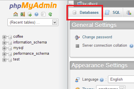 PHP MyAdmin intro screen